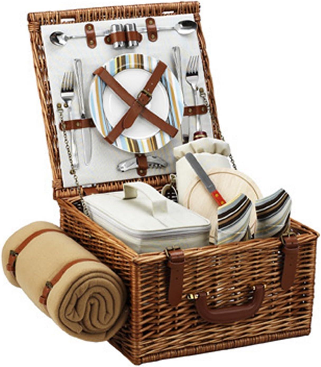 Picnic At Ascot English Style Willow Basket With Two Person Picnic Set And Blanket