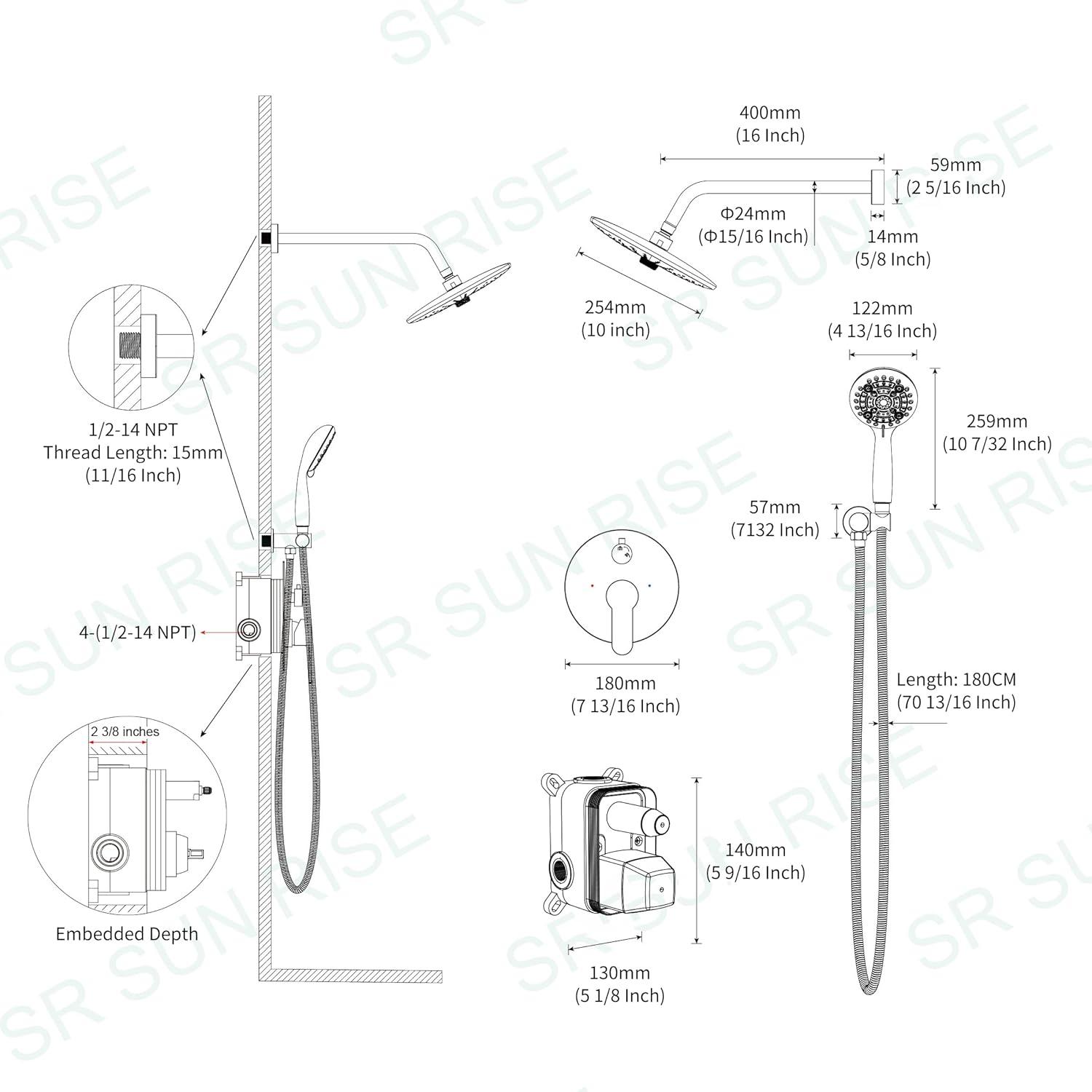 SR SUN RISE Shower Faucet - 8 Inch Multifunctional High Pressure Shower Head System with Handheld Shower Head Fixtures - Valve Included - Brushed Nickel