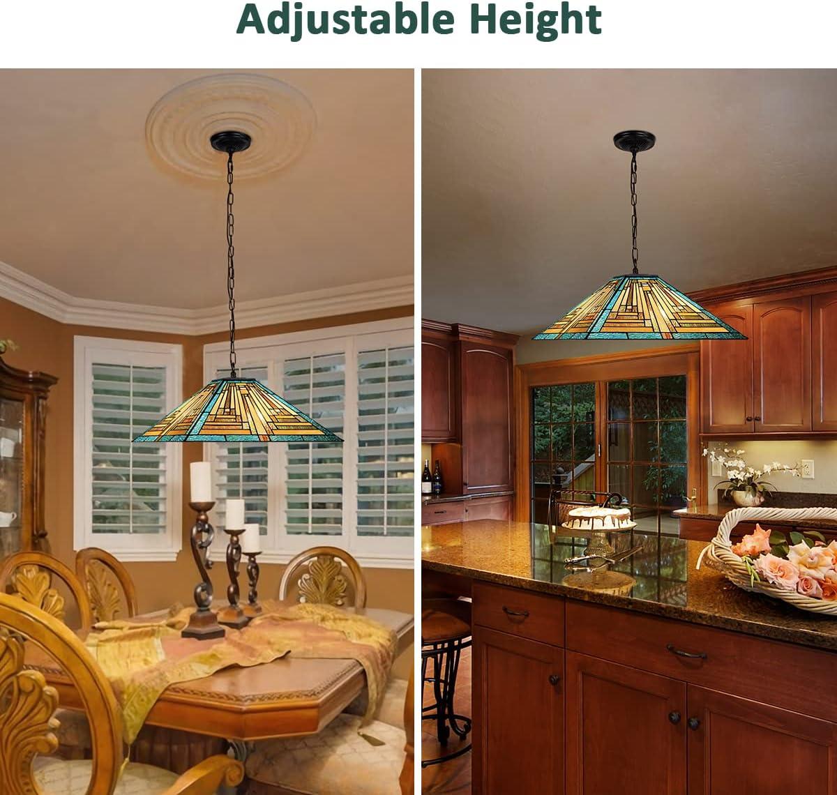 Tiffany Pendant Lights Fixtures 16 inch Green Mission Stained Glass Hanging Lamp 2 Lights Large Antique Style Ceiling Pendant Lighting for Kitchen Island Dining Room Bedroom