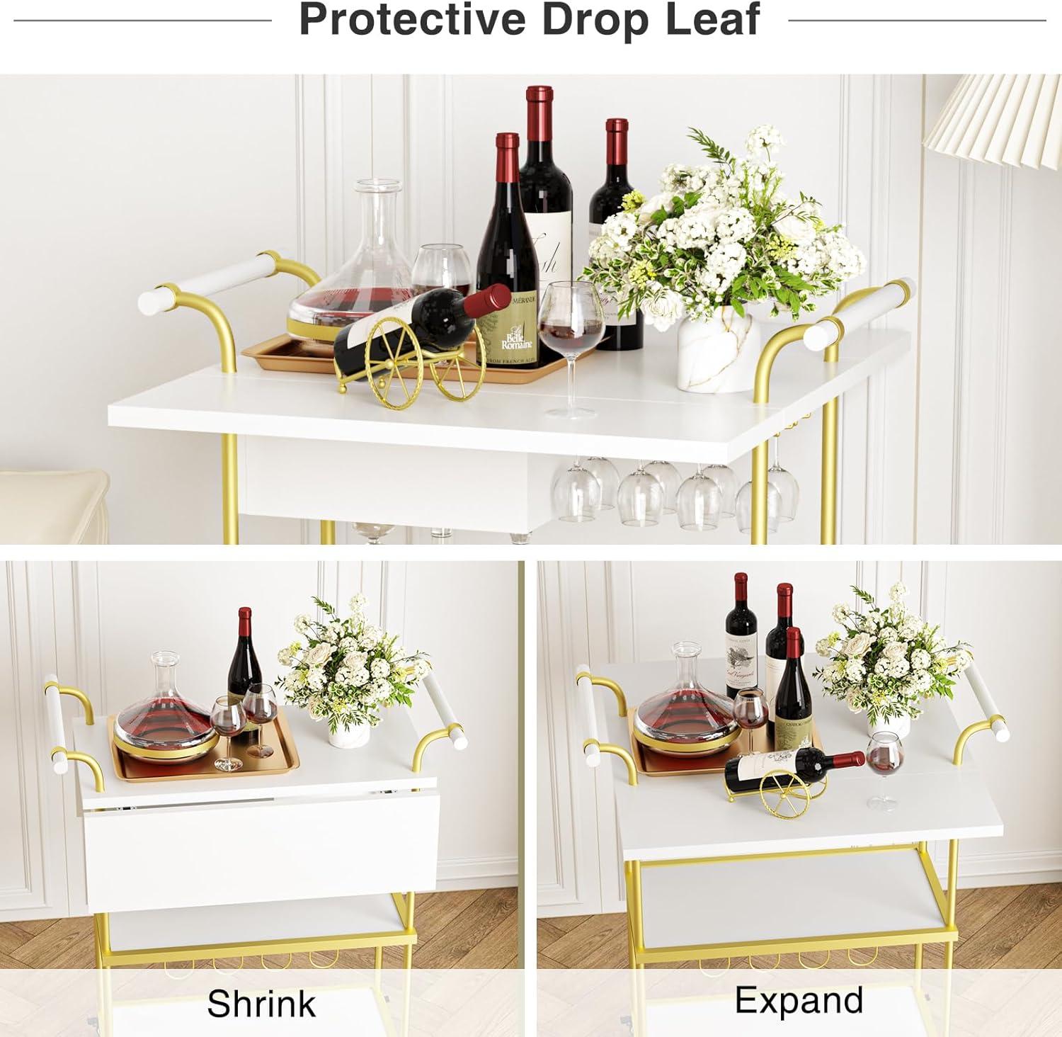 Gold and White 3-Tier Metal Bar Cart with Wine Rack