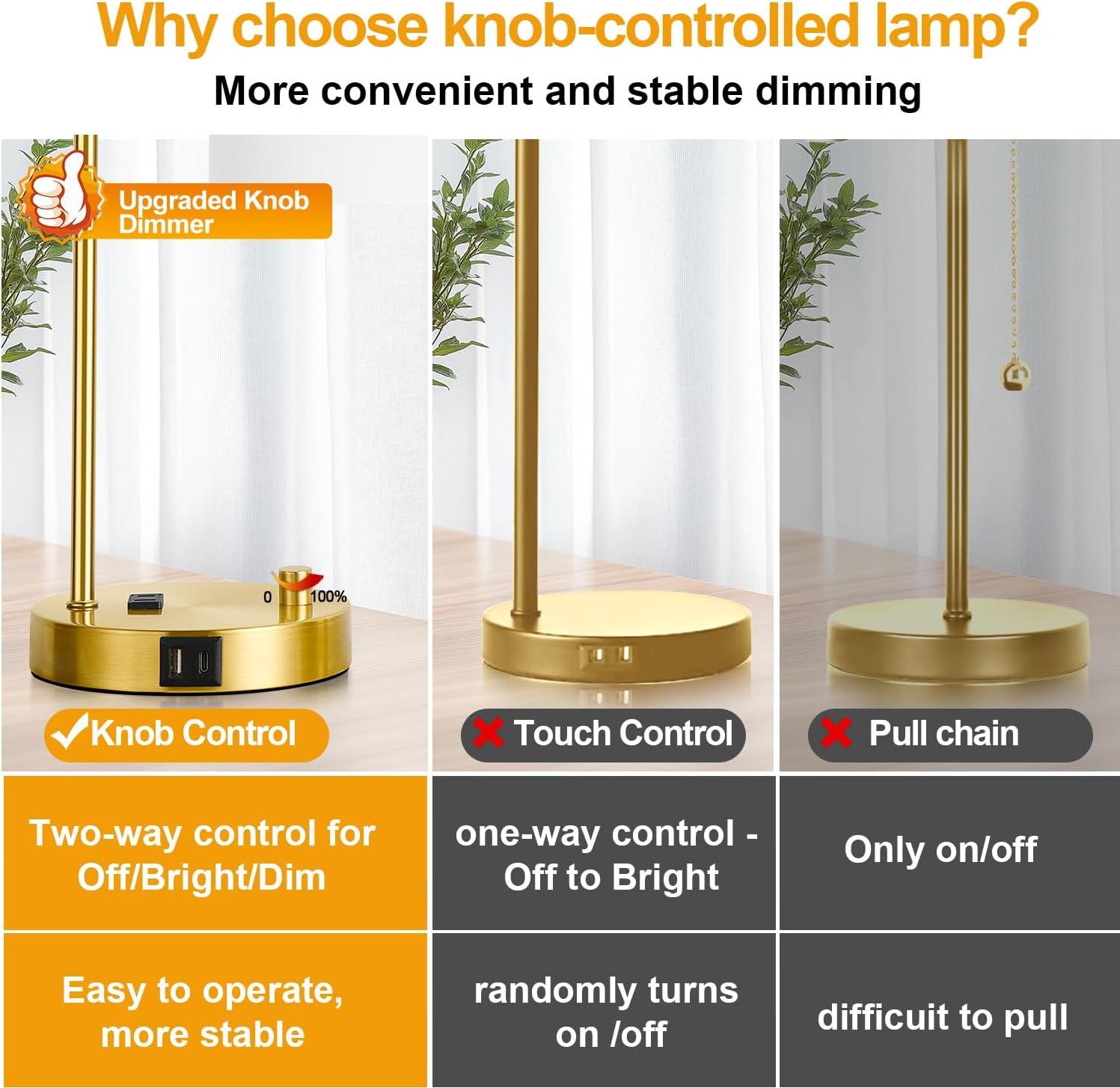 【Upgraded】Set of 2 Industrial Table Lamps with 2 USB Port, Fully Stepless Dimmable Bedside Lamps for Bedroom, Nightstand Desk Lamps with Glass Shade for Bedroom Living Room Office 2 LED Bulb Included