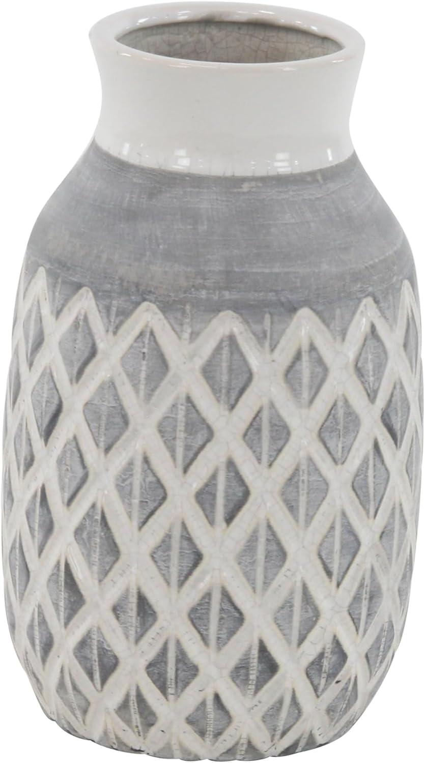 DecMode 13" White Ceramic Vase with Diamond Pattern