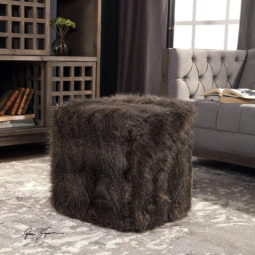 Charcoal Brown Faux Fur Plush Pouf Footstool