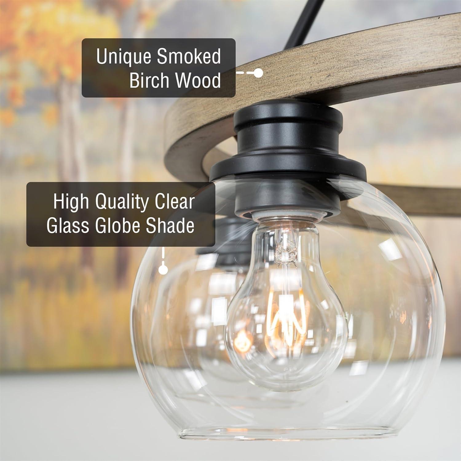 Kira Home Elwood 25" 5-Light Rustic Farmhouse Wagon Wheel Chandelier, Glass Globe Shades, Smoked Birch Wood Style, Black