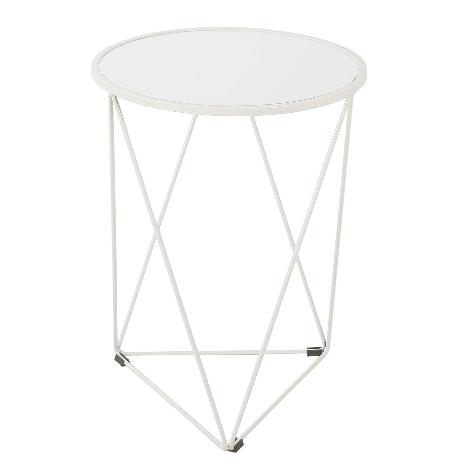 HomePop Metal Accent Table Triangle White Base, Round Mirror Top