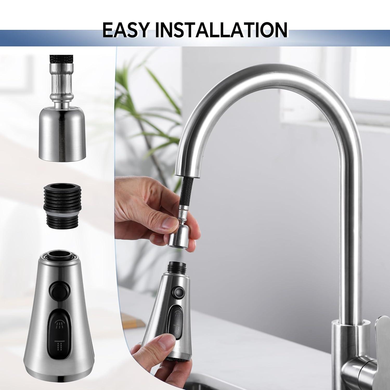 Spring Pull Down Kitchen Faucet Head Replacement for Kitchen Faucet, 3-Modes & 7 Adapters Brushed Nickel Finished