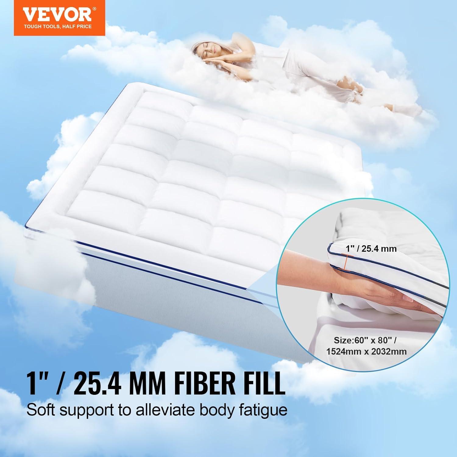 Queen Size White Polyester Fiber Fill Mattress Topper with Detachable Pocket