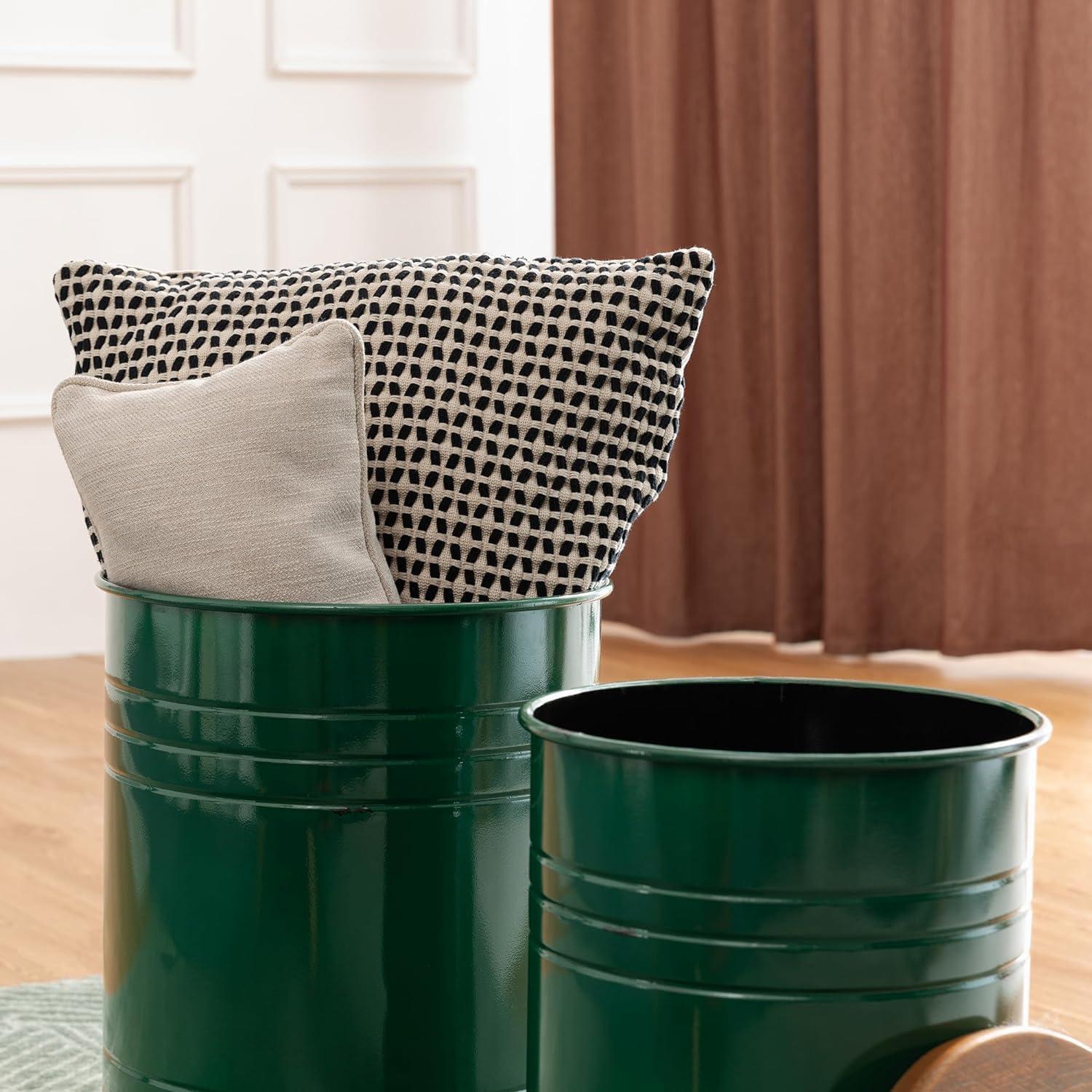 Glitzhome Rustic End Table Set of 2, Farmhouse Galvanized Metal Barrel Ottoman Storage Stool with Round Wood Lid for Living Room Furniture, Hunter Green