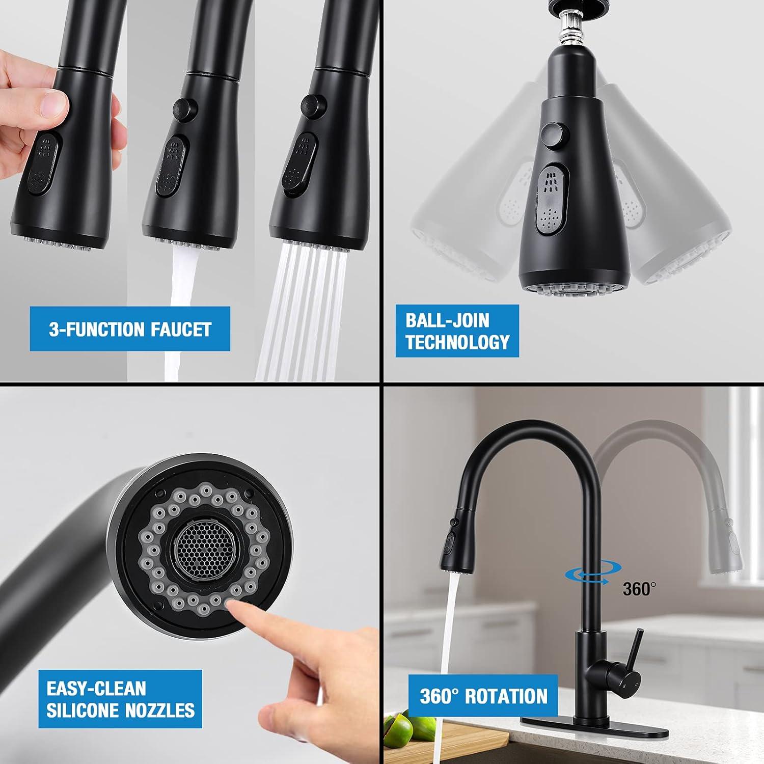 Zovajonia Matte Black Kitchen Sink Faucet Pull Down Single Handle Swivel Sprayer Mixer Tap