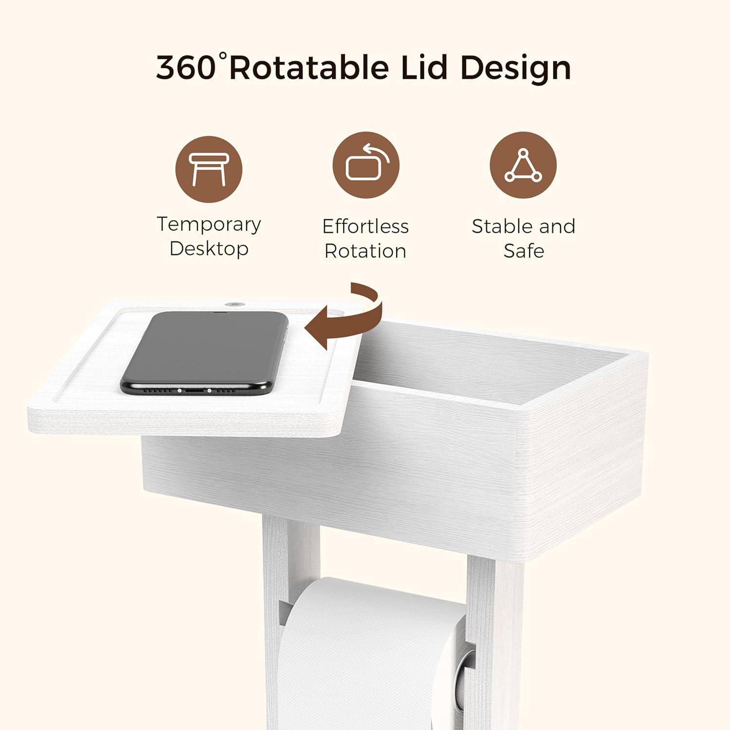 Hokku Designs 4-In-1 Bamboo Toilet Paper Holder Stand With Storage Shelf, Free Standing Toilet Tissue Roll Organizer, 360° Rotating Lid, Extra Storage For Bathroom Essentials