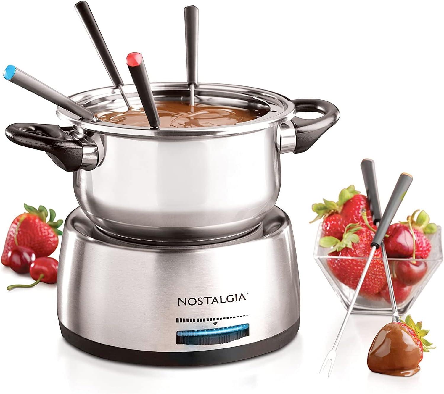 Nostalgia Nostalgia 6-Cup Stainless Steel Electric Fondue Pot with Temperature Control, 6 Color-Coded Forks and Removable Pot - Perfect for Chocolate, Caramel, Cheese, Sauces and More