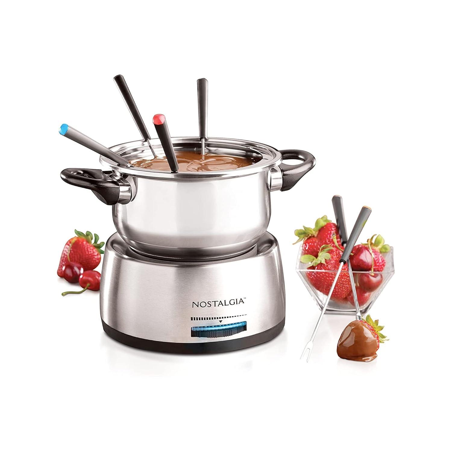 Nostalgia Nostalgia 6-Cup Stainless Steel Electric Fondue Pot with Temperature Control, 6 Color-Coded Forks and Removable Pot - Perfect for Chocolate, Caramel, Cheese, Sauces and More