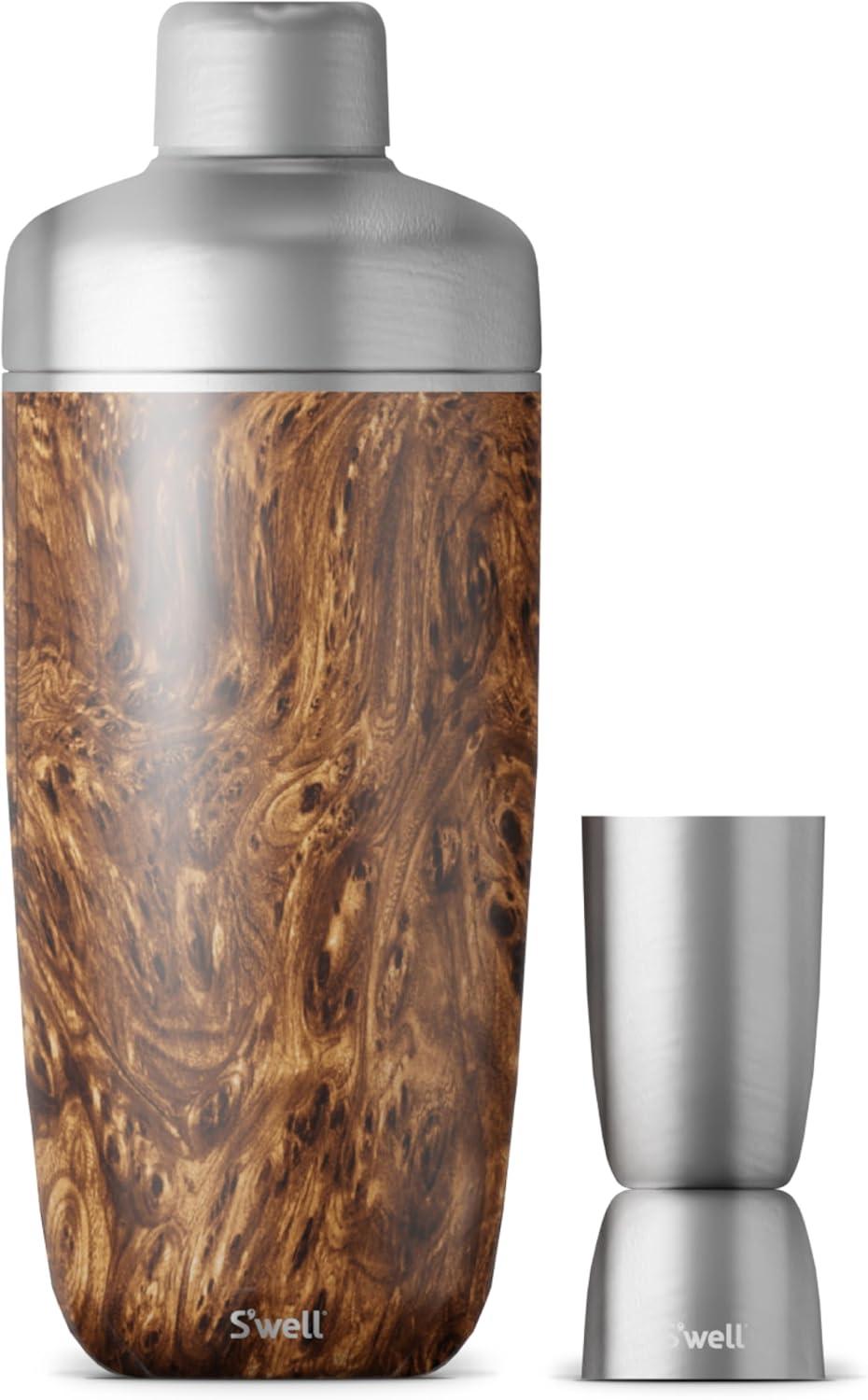 S'well Stainless Steel Shaker Set with Jigger Carafe - 18 Fl Oz - Teakwood - Triple-Layered Vacuum