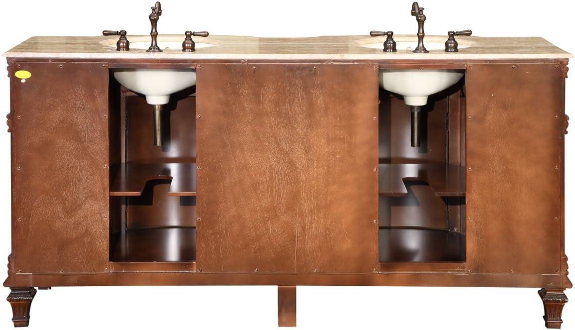 Traditional Rosewood Double Sink Bathroom Vanity with Travertine Top