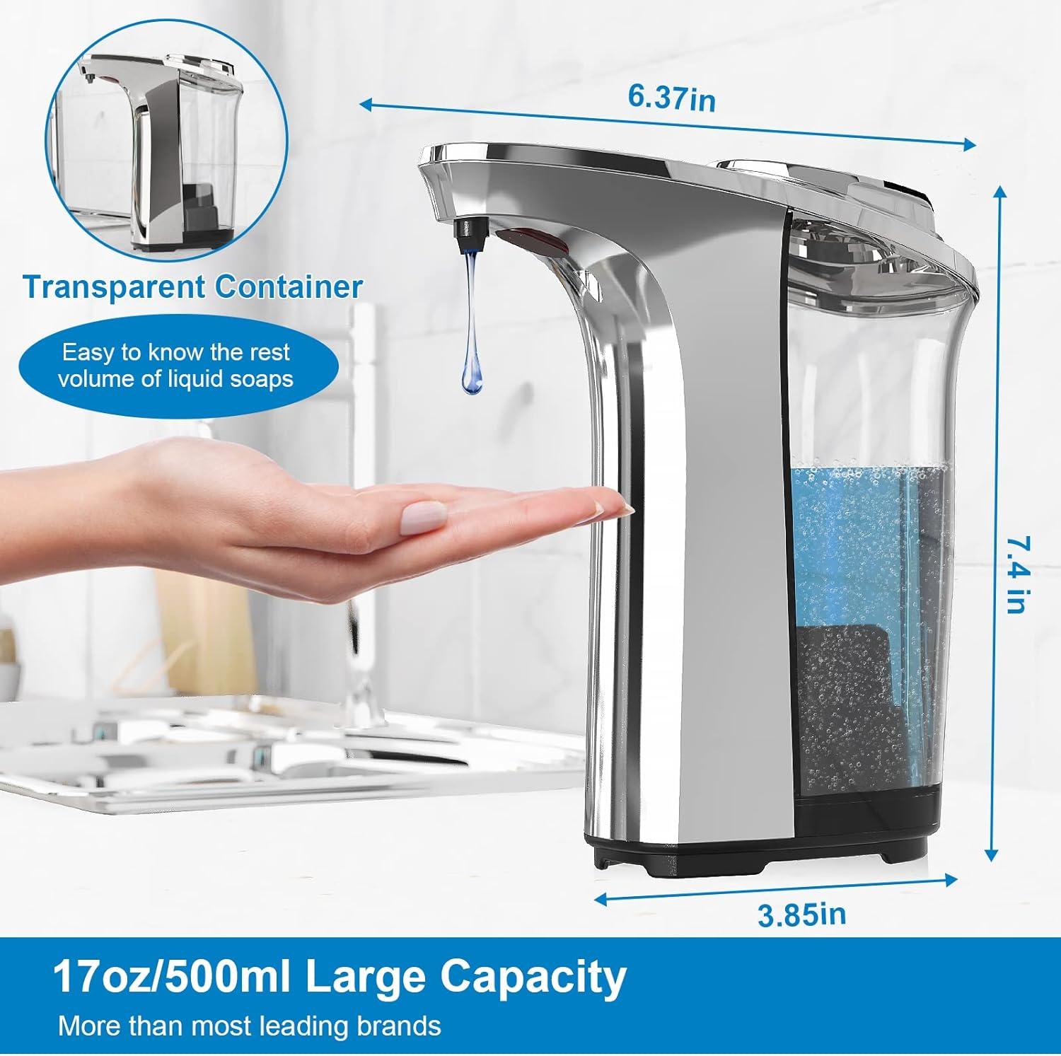 Automatic Liquid Soap Dispenser, 17oz/500ml Bathroom Countertop Soap Dispensers, 5 Adjustable Levels, Touchless Sanitary Tool Commercial and Domestic, Silvery