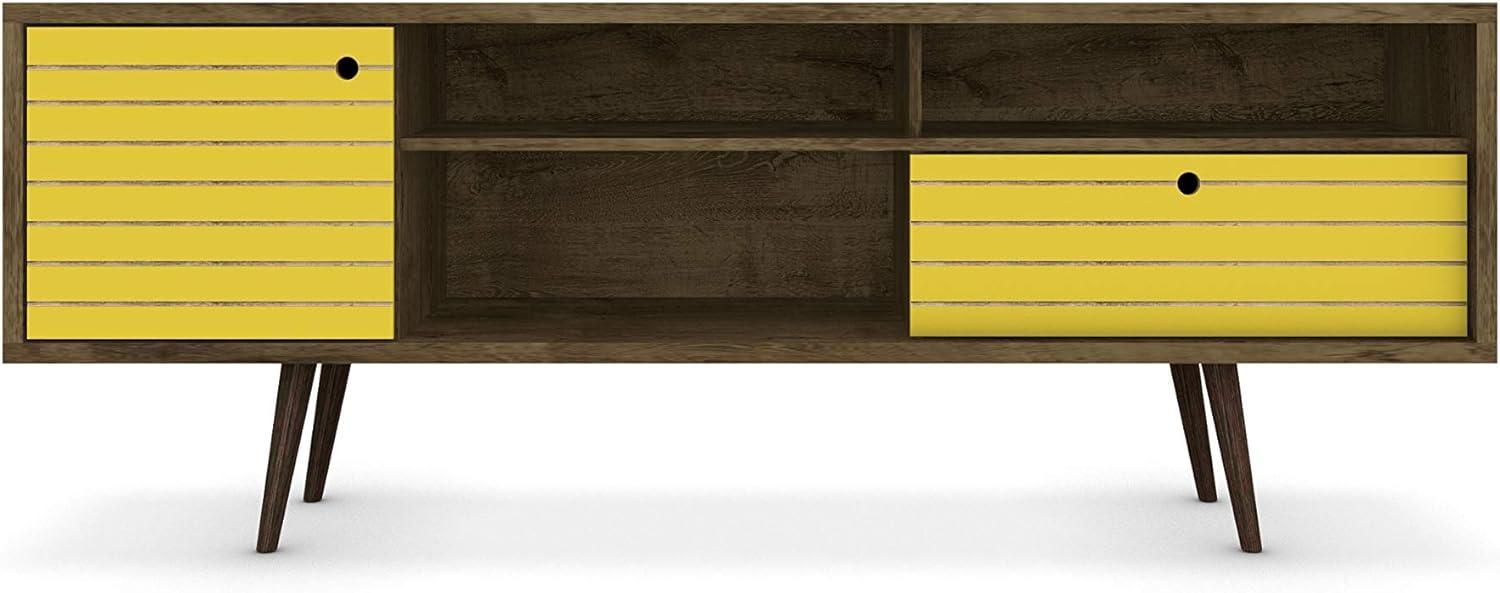 Manhattan Comfort 202AMC94 Liberty 70.86 in. Mid Century - Modern TV Stand with Solid Wood Leg 4 Shelving Spaces & 1 Drawer in Rustic Brown & Yellow