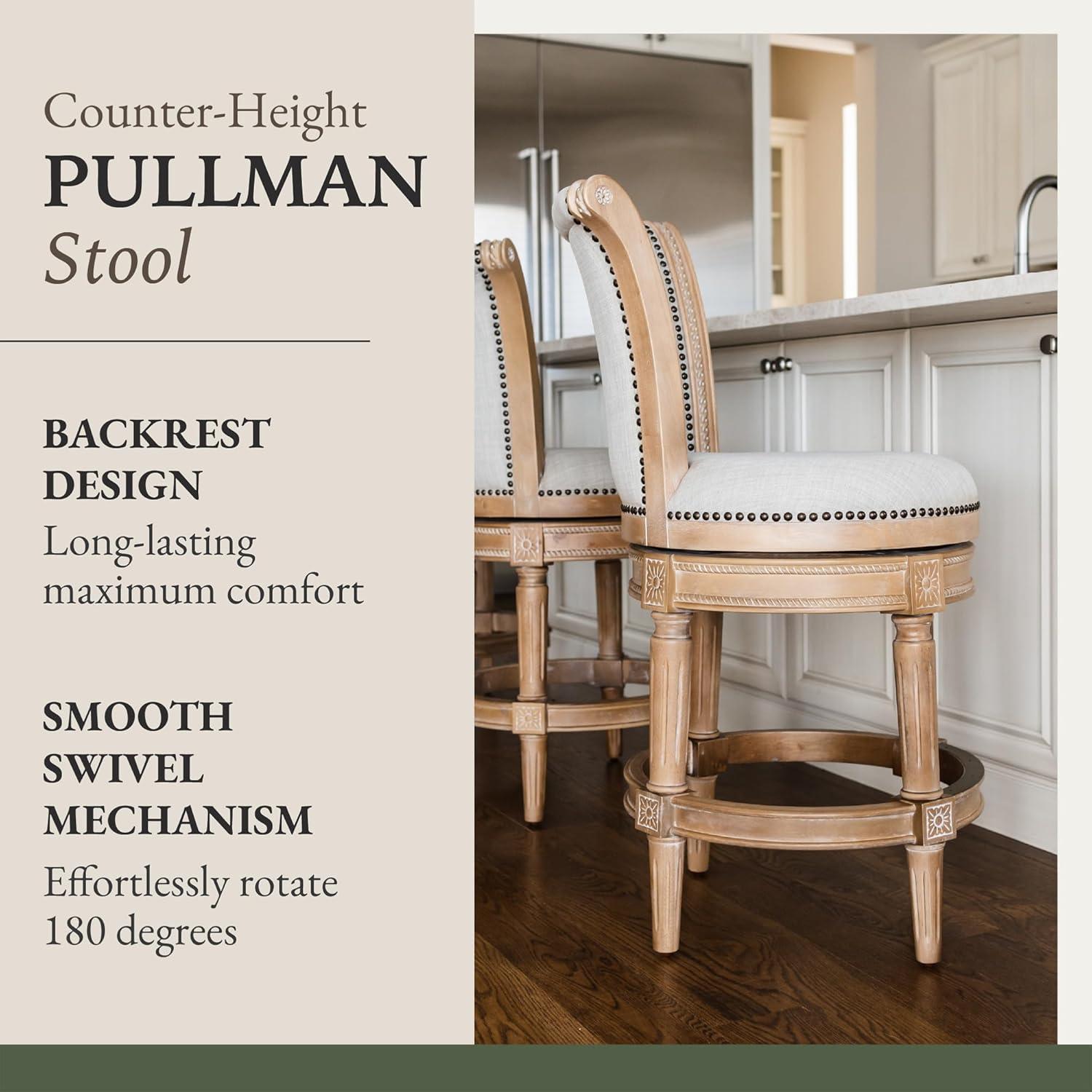 Maven Lane Pullman 26 Inch Tall Counter Height Upholstered Barstool with Back in Weathered Oak Finish with Sand Color Fabric Cushion Seat, Set of 4