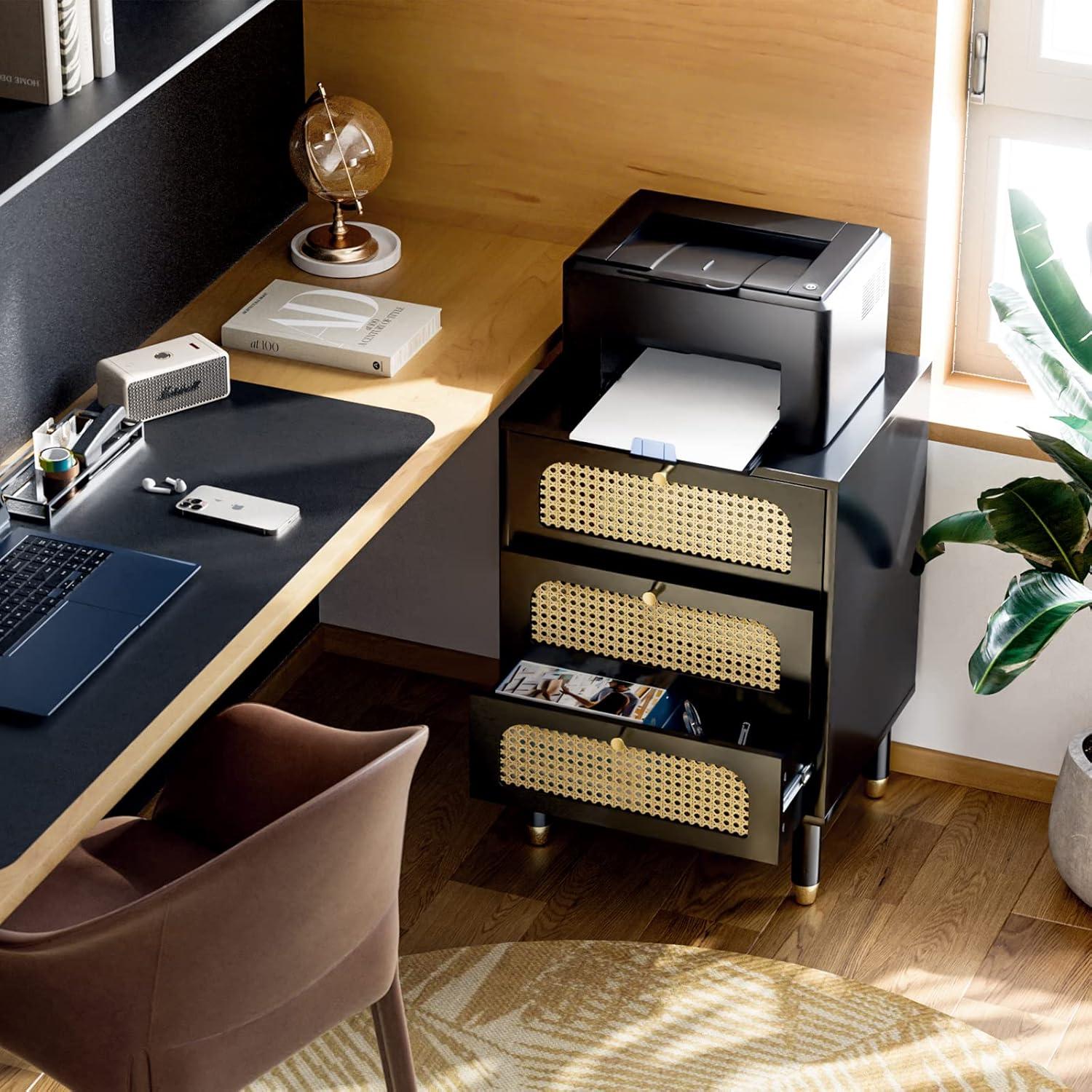 Black Rattan 3-Drawer Nightstand with Brass Accents