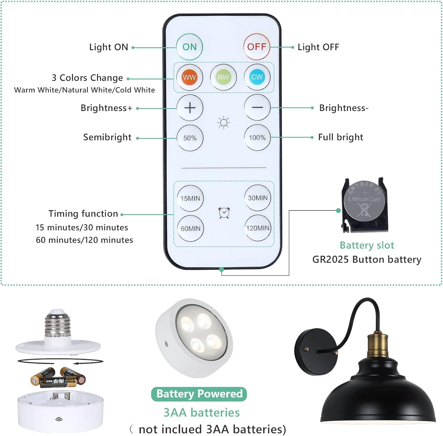 Vintage Black Wireless Battery Operated Wall Sconces Set of 2, Cordless LED Wall Lights Set with Remote Control, for Bedroom, Farmhouse, Gallery - Easy Setup, 3 Color Dimmable, Adjustable Brightness