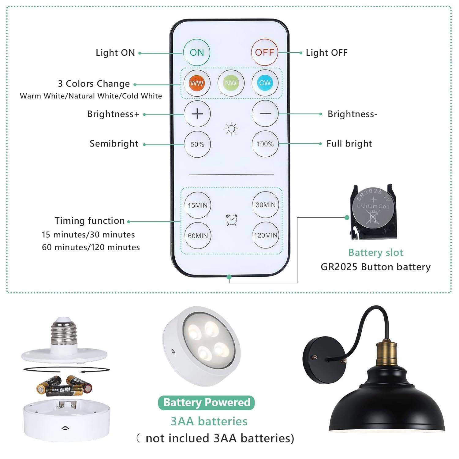 Vintage Black Wireless Battery Operated Wall Sconces Set of 2, Cordless LED Wall Lights Set with Remote Control, for Bedroom, Farmhouse, Gallery - Easy Setup, 3 Color Dimmable, Adjustable Brightness