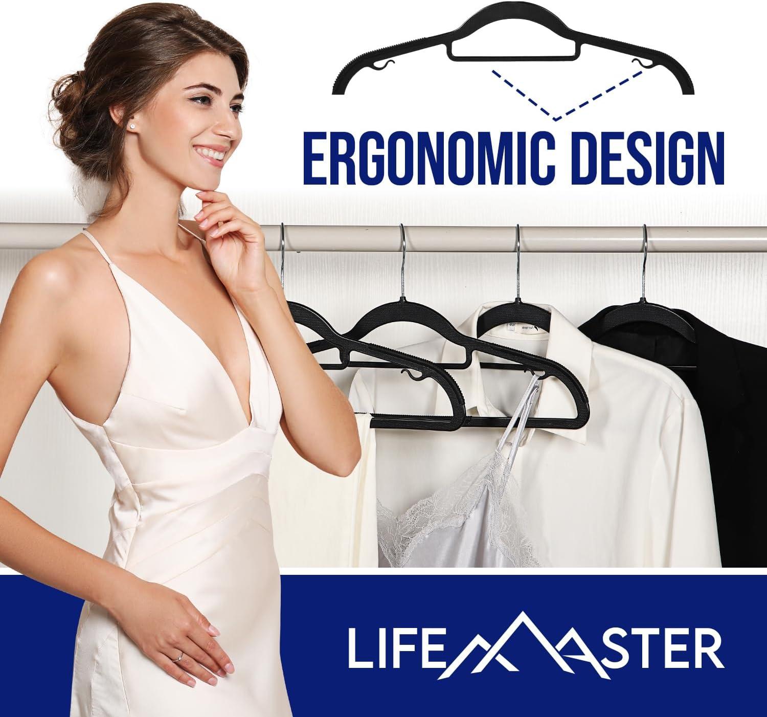 Lifemaster Dry Wet Cloth Hangers with 360° Swivel Hook, Non-Slip, Space-Saving, Sleek Design Black - Pack of 30