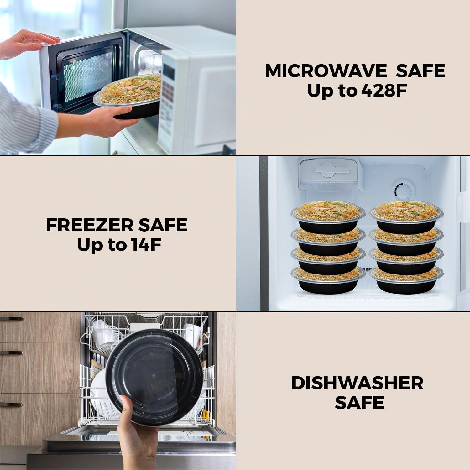 Diska NuLife 48oz Round Food Container 50 Pcs | Black PP Polypropylene Containers With Lids For Storage | Microwave & Freezer Safe | Eco-Friendly, BPA-Free