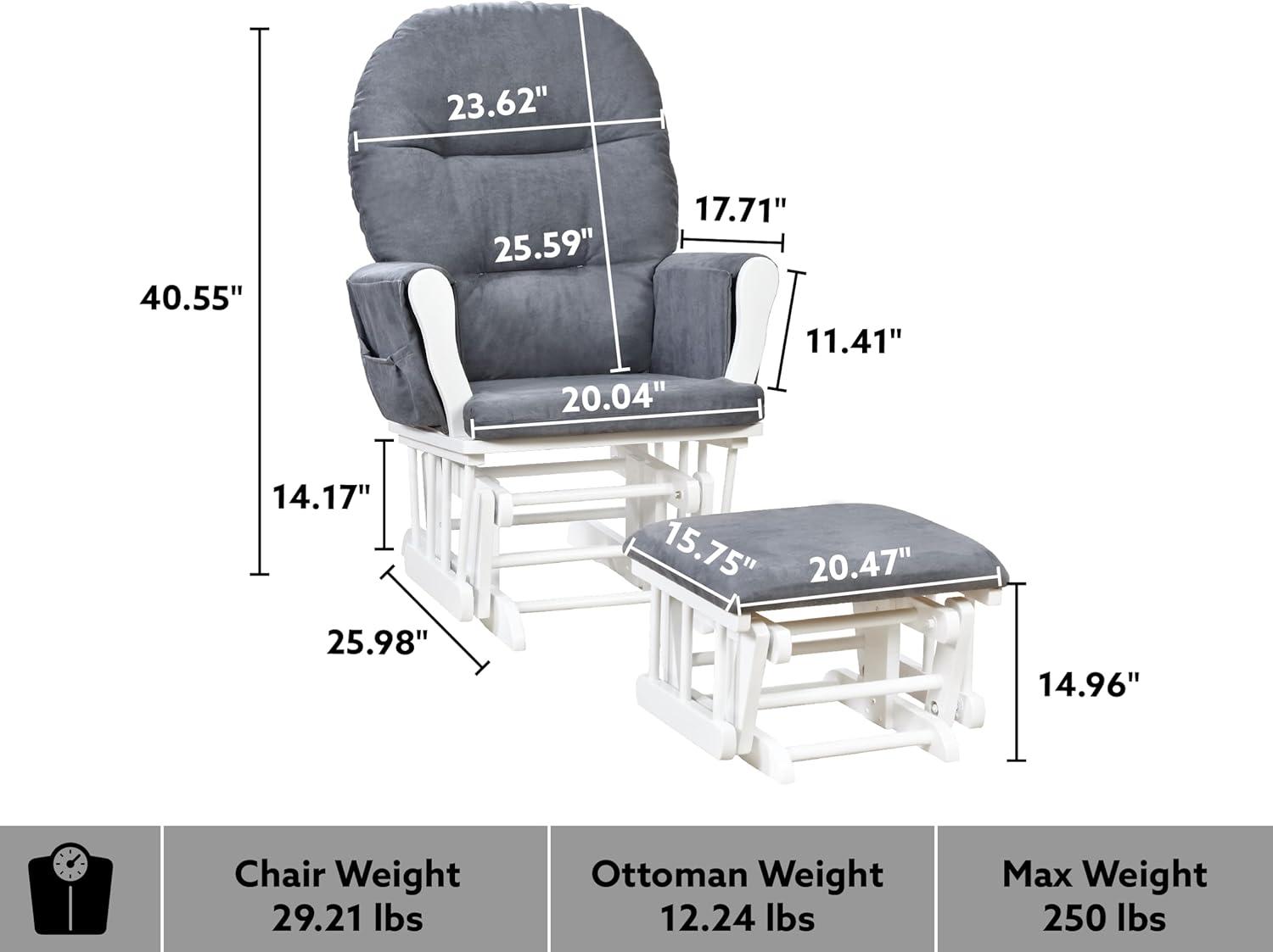 Nursery Glider & Ottoman Sets, Reclining Swivel Glider Rocker with Ottoman, Nursery Rocking Chair for Baby Room, Upholstered Nursery Recliner Glider with Ottoman, Padded Arms - Dark Gray, White