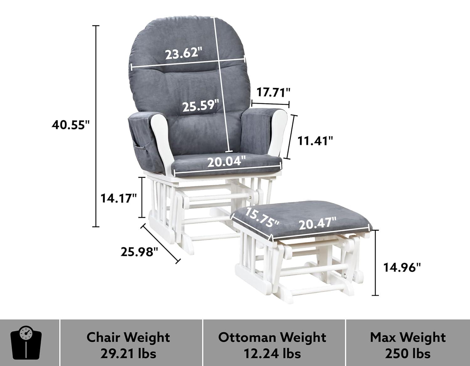 Nursery Glider & Ottoman Sets, Reclining Swivel Glider Rocker with Ottoman, Nursery Rocking Chair for Baby Room, Upholstered Nursery Recliner Glider with Ottoman, Padded Arms - Dark Gray, White