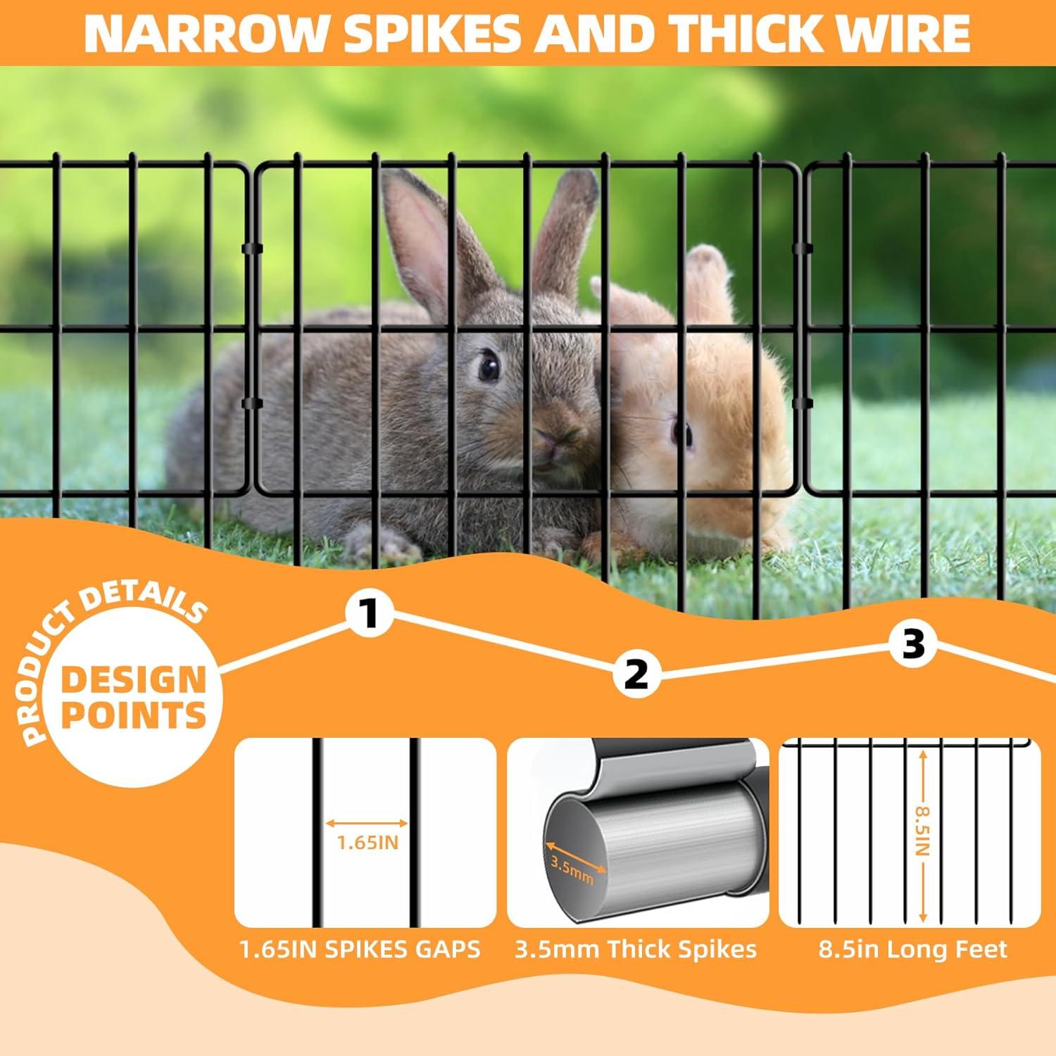 25 Pack Garden Animal Barrier Fence, 1.65inch Spike Spacing No Dig Fence, Reusable Rustproof Metal Fence Border, Dogs Rabbits Blocker Fence for Outdoor Yard, Total 27ft(L) x 17inch(H)