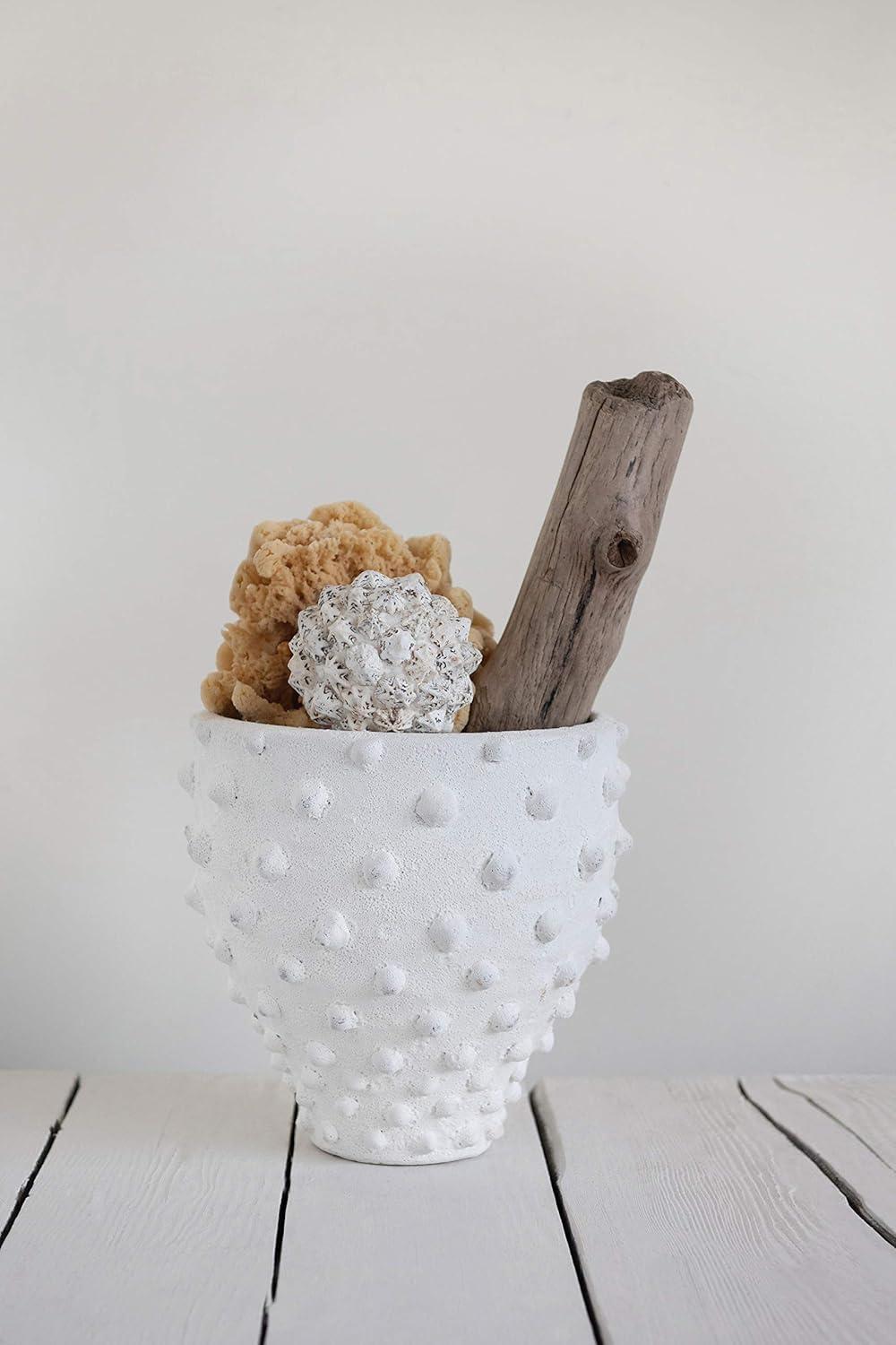 Creative Co-Op Round Terra-cotta Crock with Pointed Polka Dots and Distressed Volcano Glaze, White