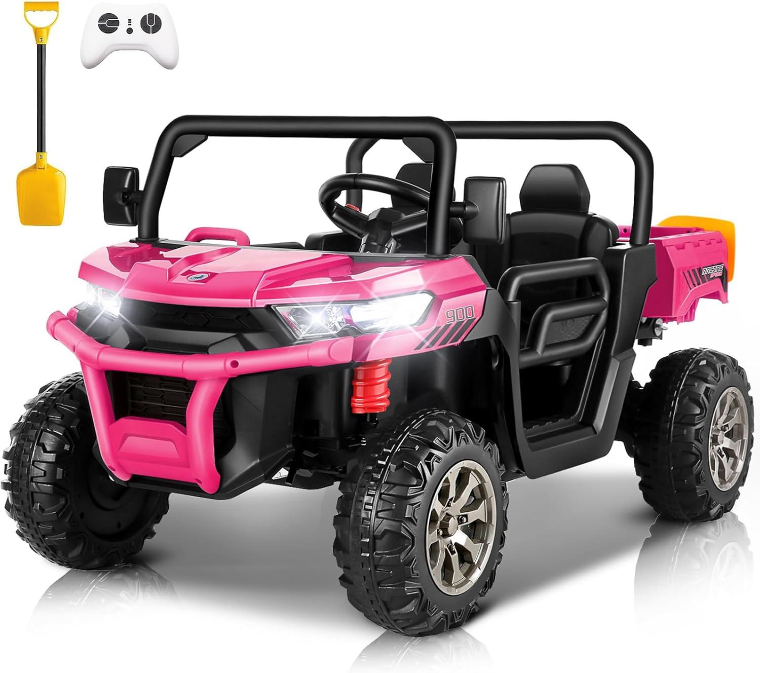 24V Kids Ride on Dump Truck with Remote Control, 2 Seater Powered 4-Wheel UTV Toys, 2x200W Ride on Tractor Car w/ Electric Dump Bed, Shovel, Bluetooth Music, Pink