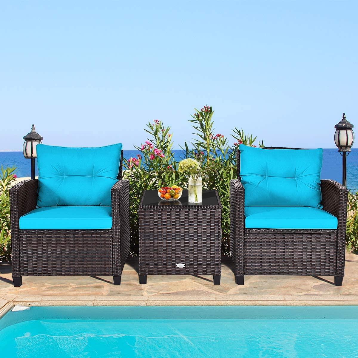 Giantex 3 Pieces Patio Furniture Set, PE Rattan Wicker 3 Pcs Outdoor Sofa Set w/Washable Cushion and Tempered Glass Tabletop, Conversation Furniture for Garden Poolside Balcony (Turquosize)