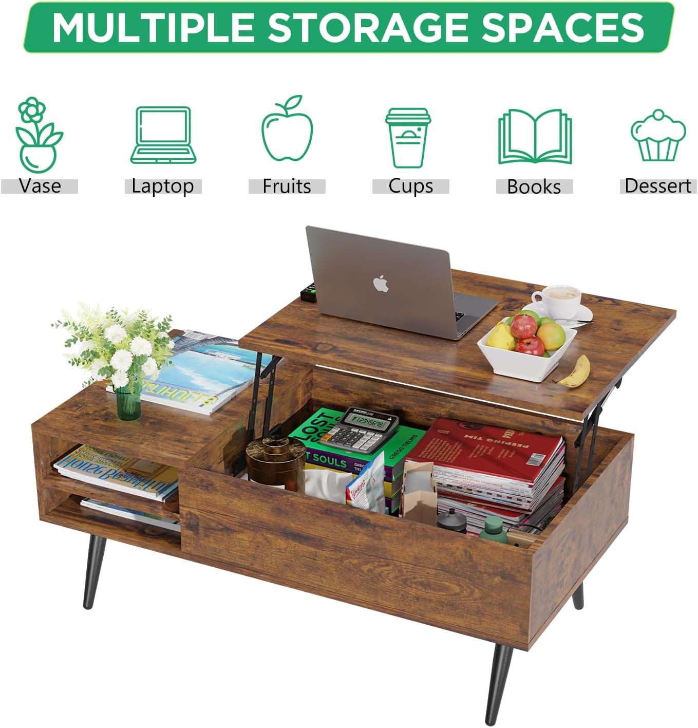 PayLessHere 39" Lift Top Coffee Table with Adjustable Storage and Hidden Compartment Small Wood Coffee Table Center Table for Home Living Room Office Apartment Reception Room,Brown