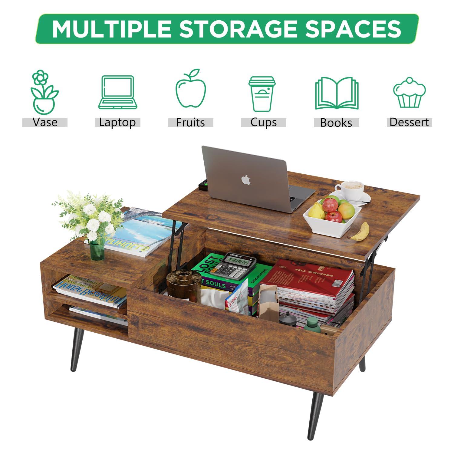 PayLessHere 39" Lift Top Coffee Table with Adjustable Storage and Hidden Compartment Small Wood Coffee Table Center Table for Home Living Room Office Apartment Reception Room,Brown