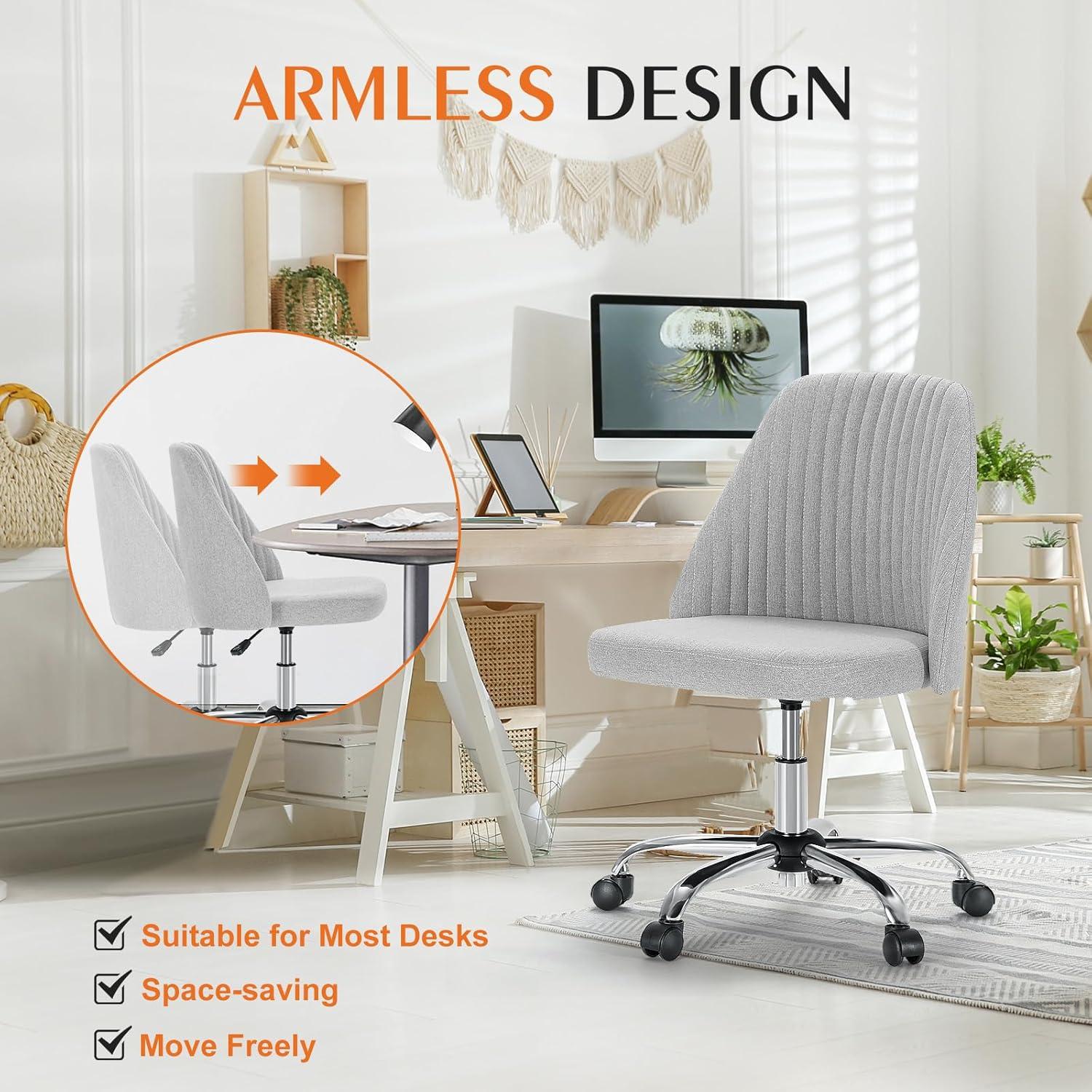 Sweetcrispy Armless Office Chair, Modern Fabric Home Office Desk Chairs with Wheels Adjustable Swivel Task Computer Vanity Seat for Small Spaces