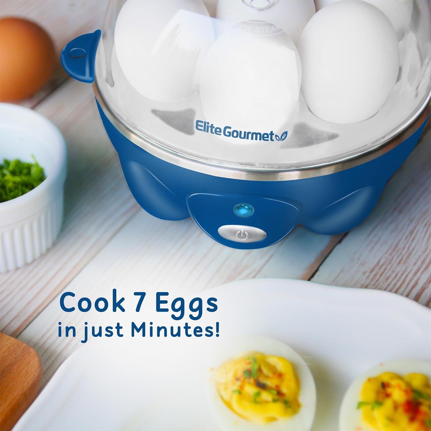 Elite Gourmet EGC700BL# Rapid Egg Cooker, 7 Easy-To-Peel, Hard, Medium, Soft Boiled Eggs, Poacher, Omelet Maker, Auto Shut-Off, Alarm, 16-Recipe Booklet, BPA-Free, Ocean