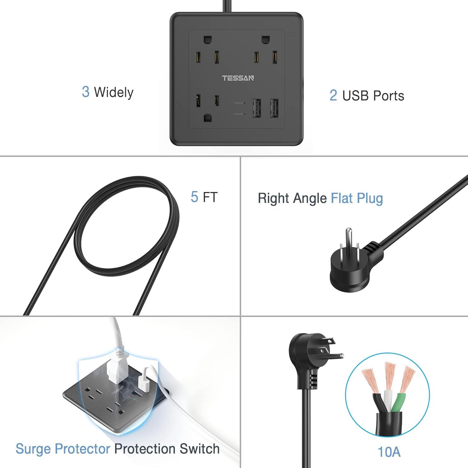 Black Recessed Power Strip with USB Ports and Surge Protector