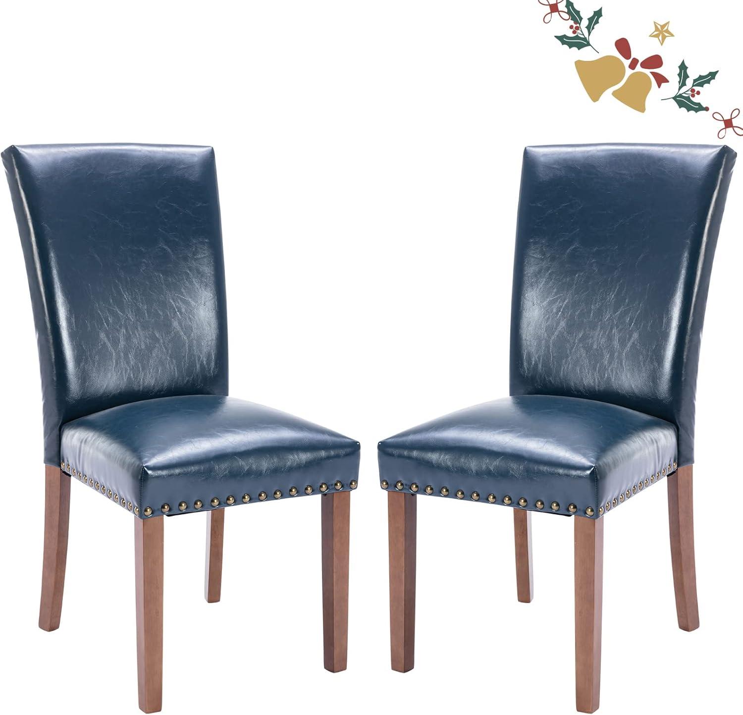 COLAMY Upholstered Dining Chairs Set of 2, PU Leather Dining Room Chairs with Nailhead Trim and Wood Legs - Blue