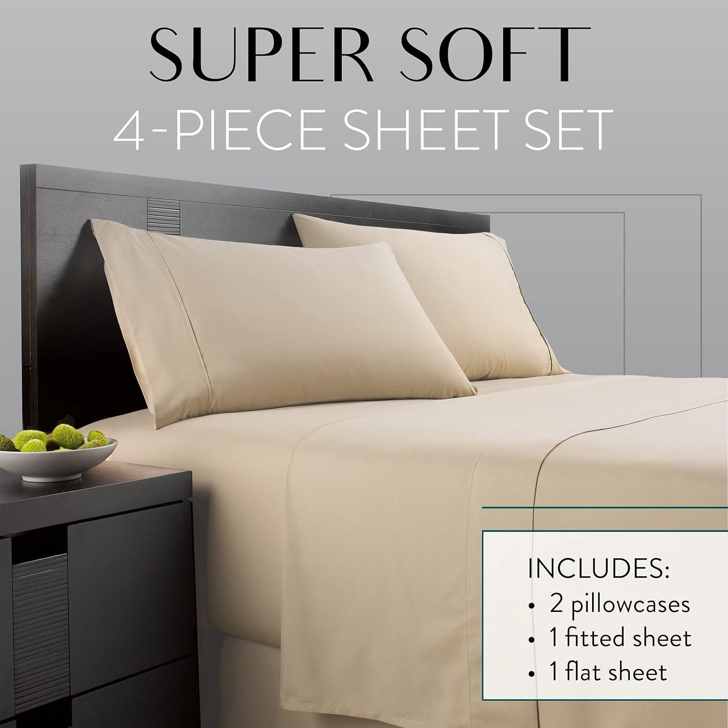 Danjor Linens 1800 Series Microfiber 4 Piece Bedding Sheet & Pillowcases Set with Deep Pockets, Twin, Taupe