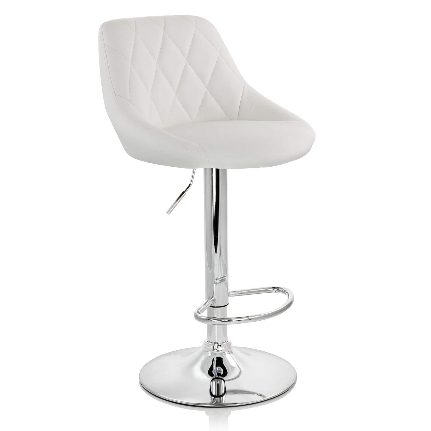 Elama 2 Piece Diamond Stitched Faux Leather Bar Stool in White with Chrome Base  and Adjustable Height