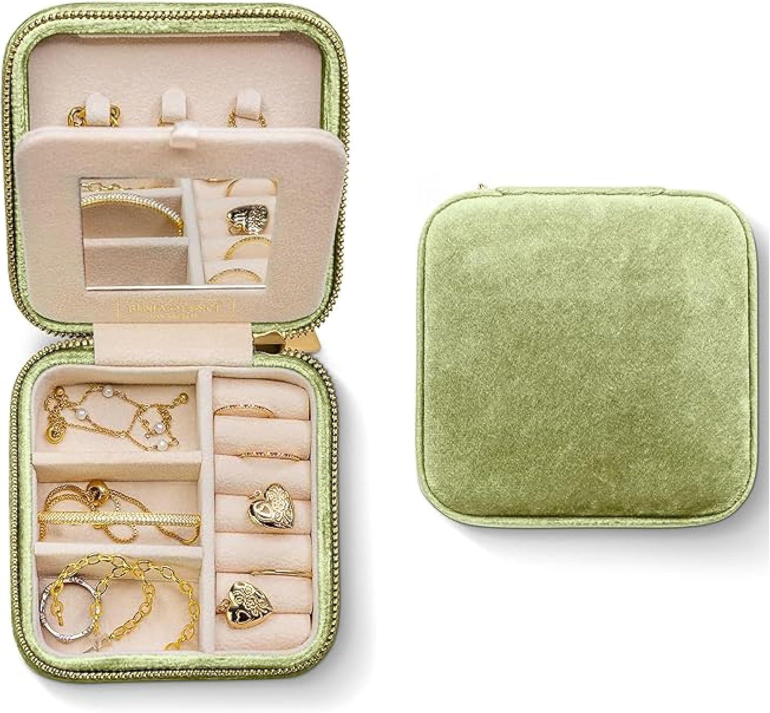 Benevolence LA Plush Velvet Square Travel Jewelry Box with Mirror- Mistletoe Green