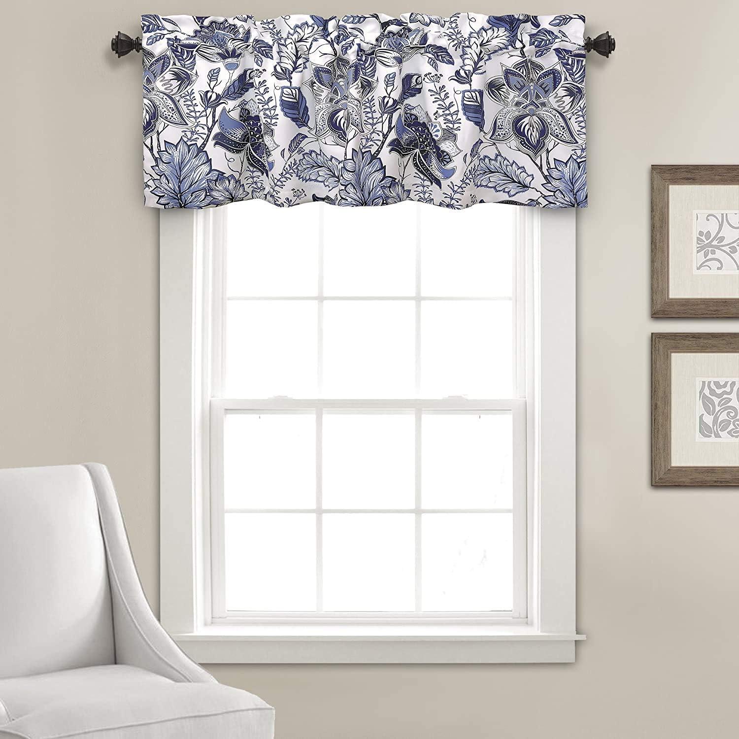 Blue Jacobean Floral Polyester Rod Pocket Valance, 18" x 52"