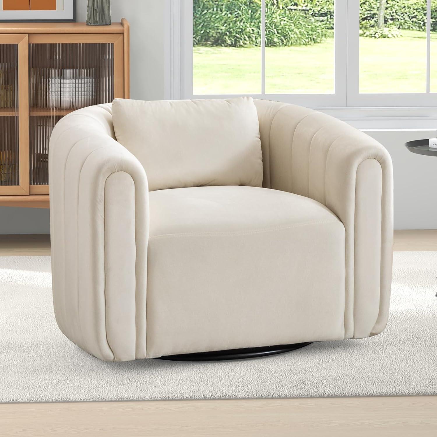 Beige Velvet Swivel Barrel Armchair with Metal Base