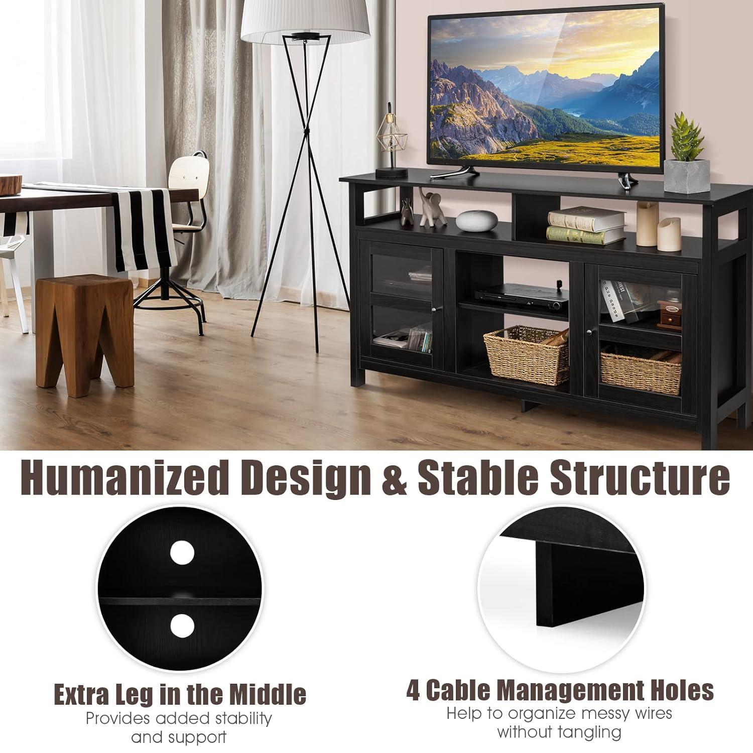 Tangkula Farmhouse TV Stand for TVs up to 65" Flat Screen, Wooden TV Console Table w/2 Cabinets & 4 Shelves, Home Living Room Furniture, Entertainment Center for 18" Electric Fireplace (Not Included)