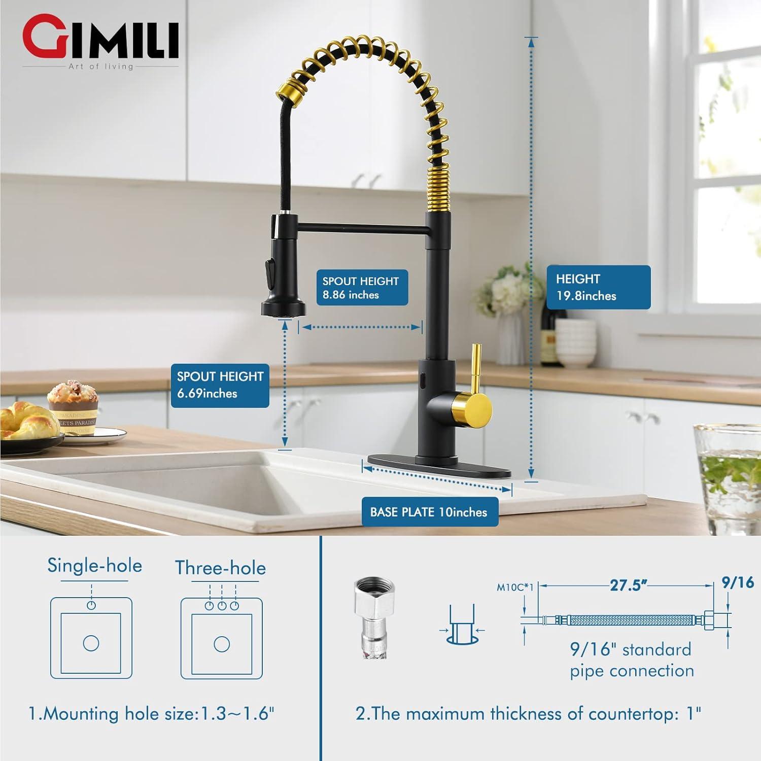 GIMILI Black and Gold Touchless Kitchen Faucet with Pull Down Sprayer Motion Sensor Smart Hands-Free Activated Single Hole Spring Faucet for Kitchen Sink