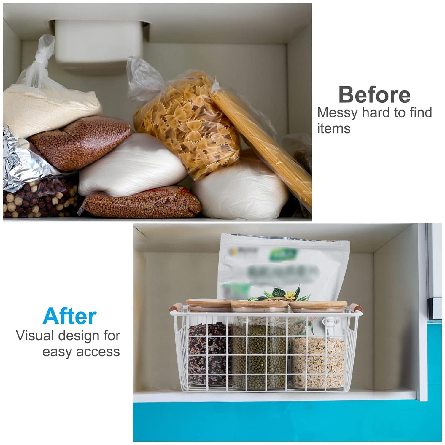 Wire Basket 2 Pcs Wire Storage Baskets Wire Baskets Organizing with Wooden Handles Wire Basket Pantry Organization and Storage Metal Wire Food Storage Basket for Kitchen, Cabinets (White 2PCS)