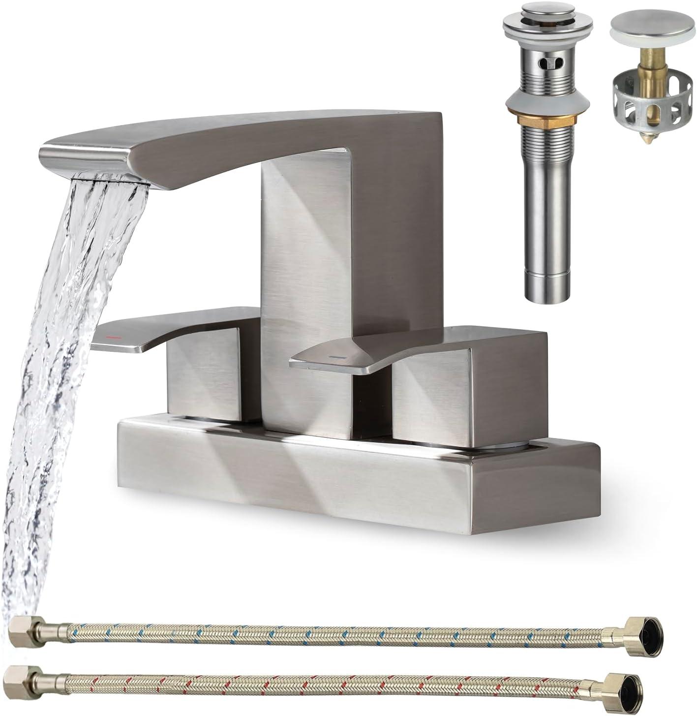 Brushed Nickel Double Handle Waterfall Bathroom Faucet with Pop-Up Drain