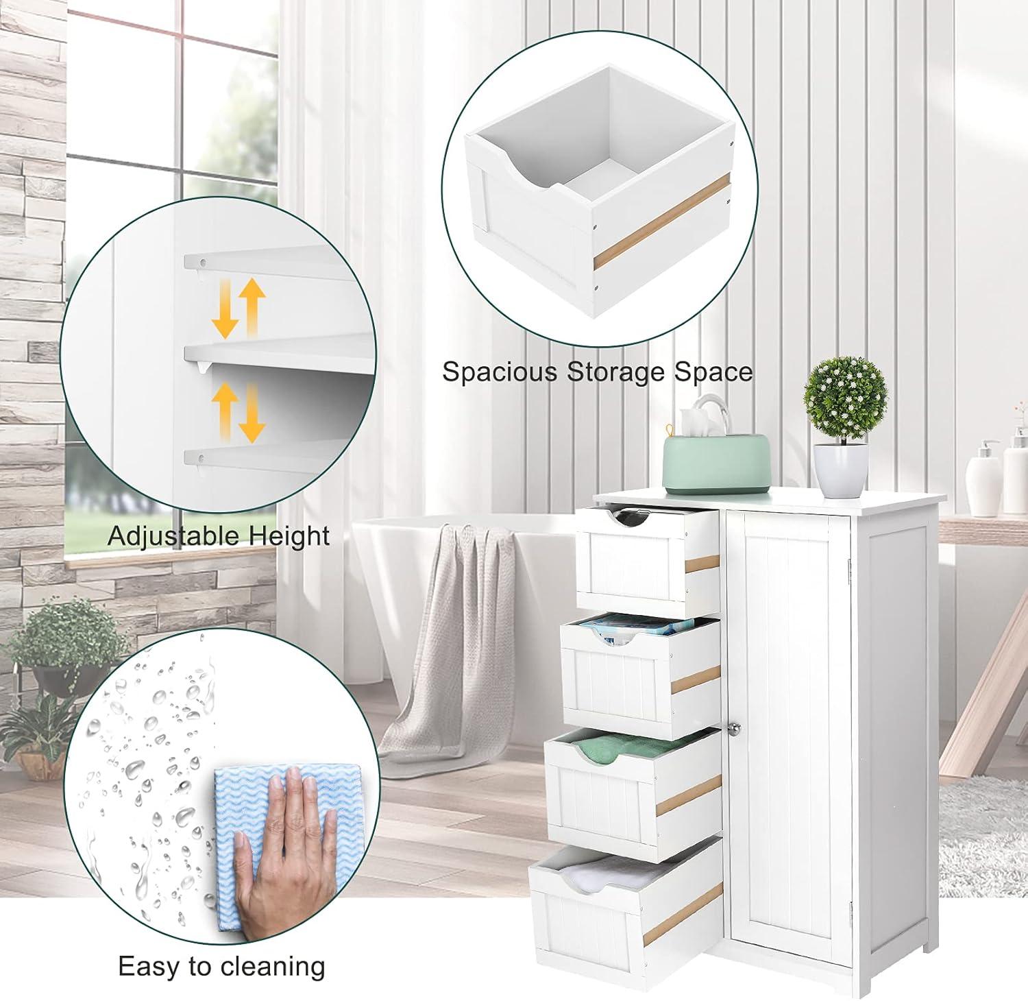 Bonnlo Small Storage Cabinet Wooden Bathroom Floor Cabinet Small Space Furniture White Side Storage Organizer with 4 Drawers and 1 Cupboard Adjustable Shelf 22" W x 11.8" D x 32.3" H