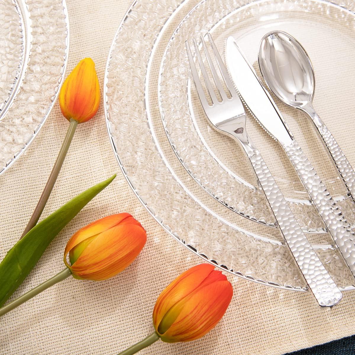 Elegant Clear and Silver Disposable Dinnerware Set for 25 Guests