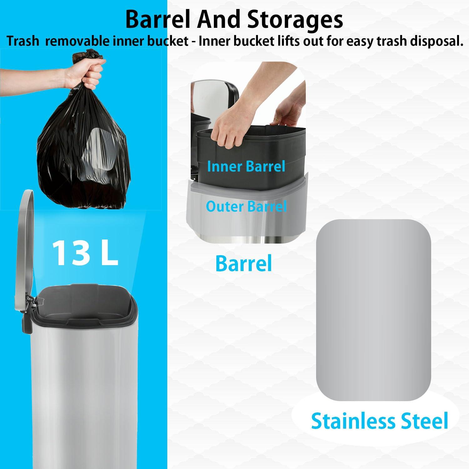 CL.HPAHKL 13 Gallon (50L)Trash Can ,Kitchen Trash Can, Stainless Steel with Lid, Foot Pedal and Inner Bucket, Fingerprint-Resistant Soft Close Lid Garbage Can, Pedal Rubbish Bin for Home Office
